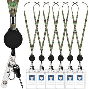 6 Retractable Badge Lanyards ID Badge Holder Camo Strap with Swivel Metal Clasp